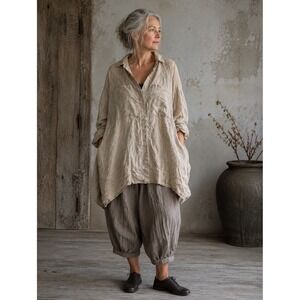Grizas 100% Linen Oversized Tunic Shirt Oatmeal Beige Lagenlook Lithuania- L/XL